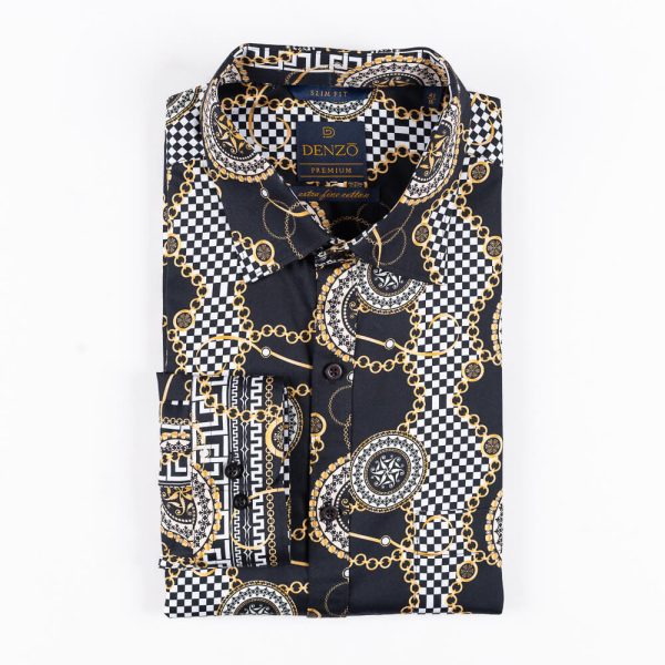 DENZO® PREMIUM GOLD CHAIN PRINTED LONG SLEEVE SHIRT - BLACK - Image 2