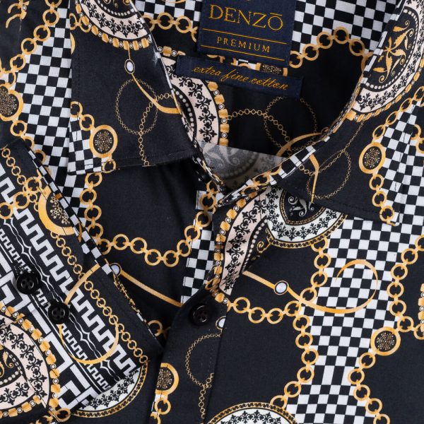 DENZO® PREMIUM GOLD CHAIN PRINTED LONG SLEEVE SHIRT - BLACK